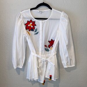 Madewell White Floral Embroidered Peplum Style Top Button Up Size Small